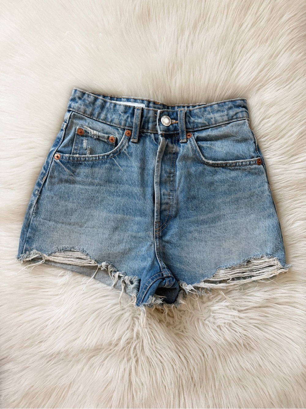 Zara Light Blue Distressed High-Rise Denim Shorts